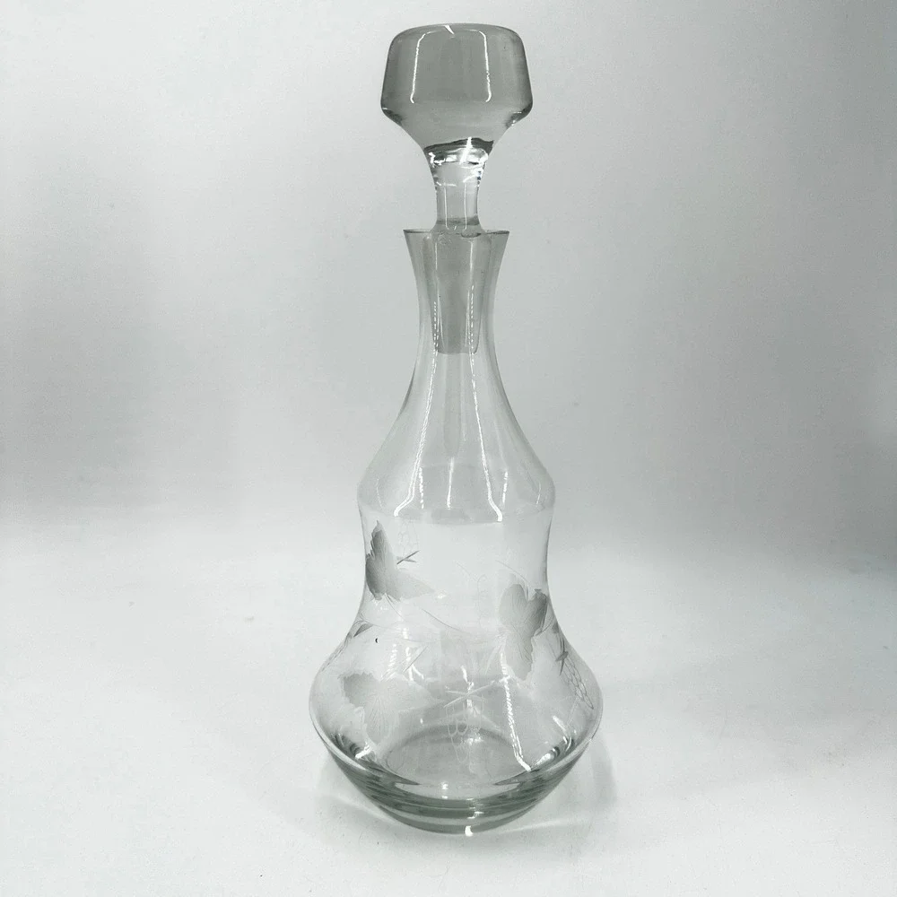 Vintage Etched Glass Decanter with Stopper Grapevine Leaf Pattern Clear 12.5